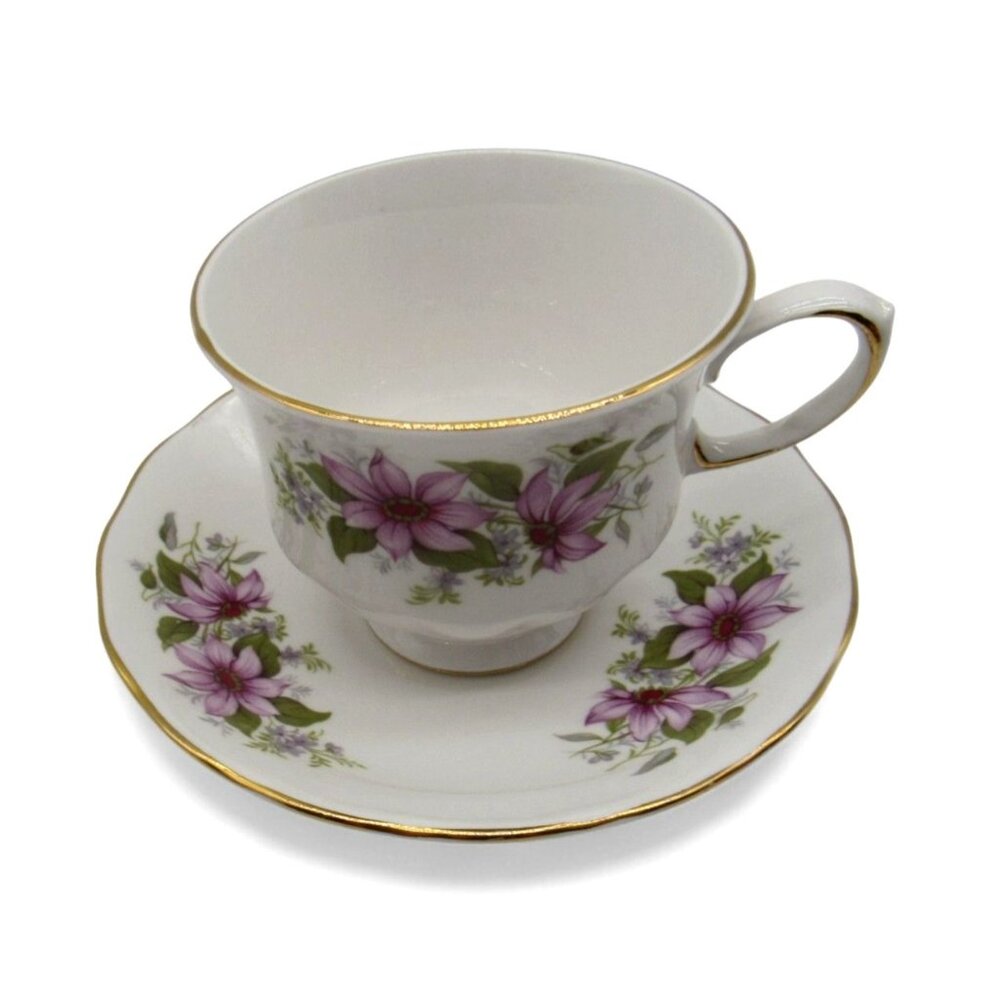 QUEEN ANNE Bone China Teacup and Saucer Purple Floral England Vintage